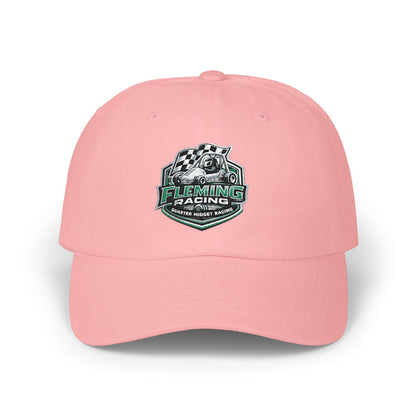 Pink soccer crest dad cap with Fleming Racing logo on front