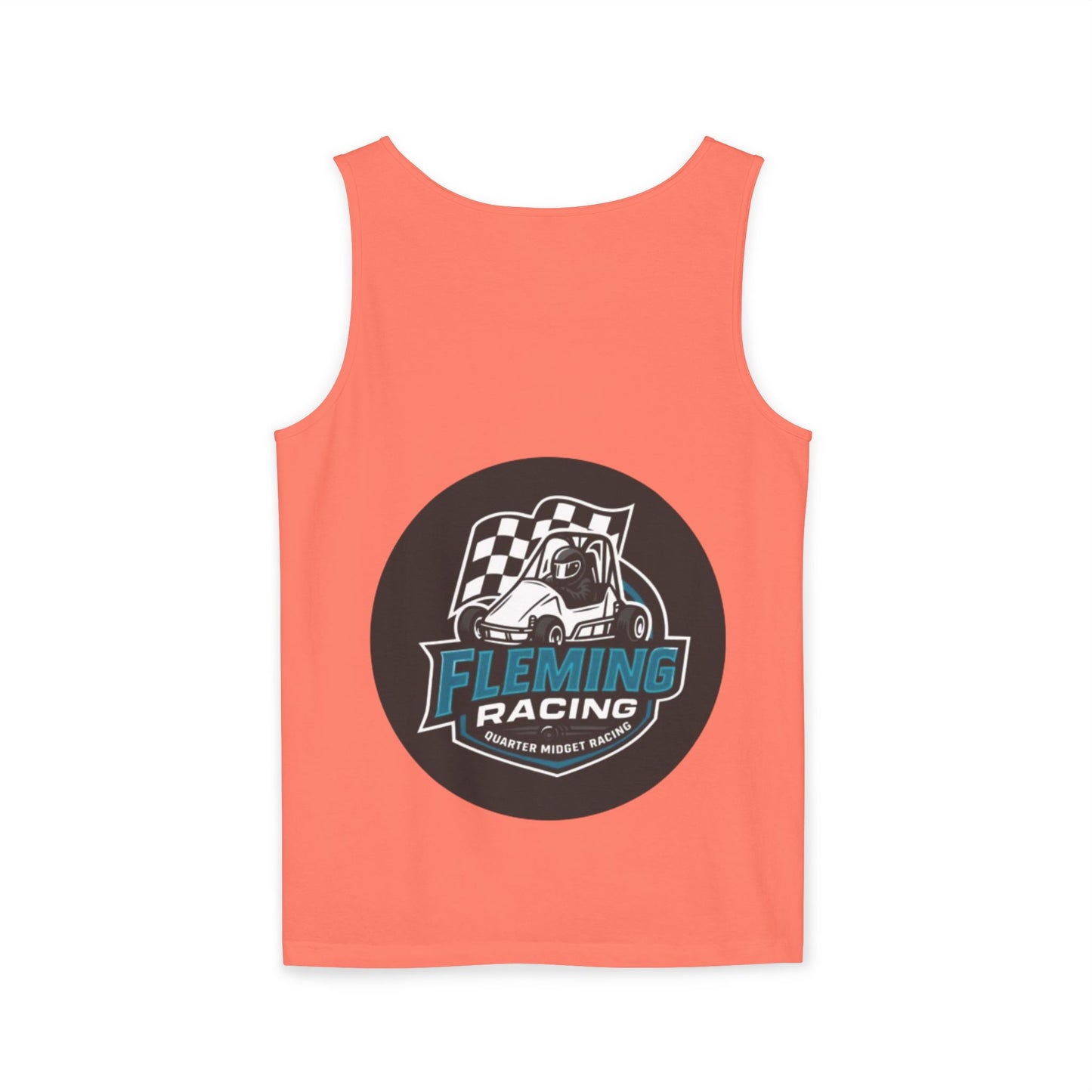 Coral racing tank top with front black circular motorsports logo