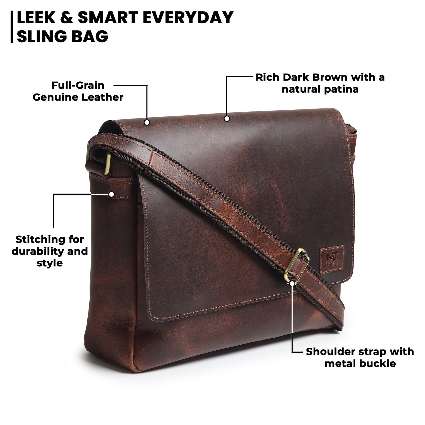 Brown leather laptop sling bag with stitched front flap and shoulder strap