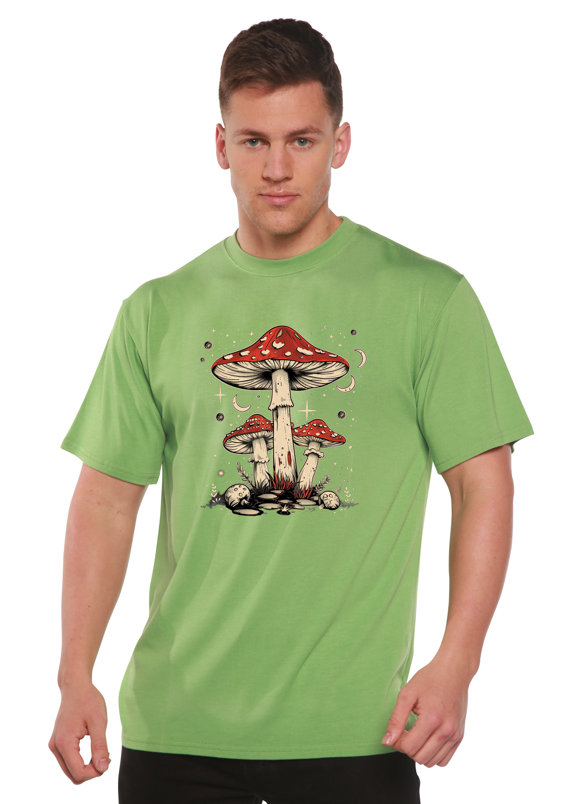 Unisex graphic t-shirt in light green with red mushroom artwork centered