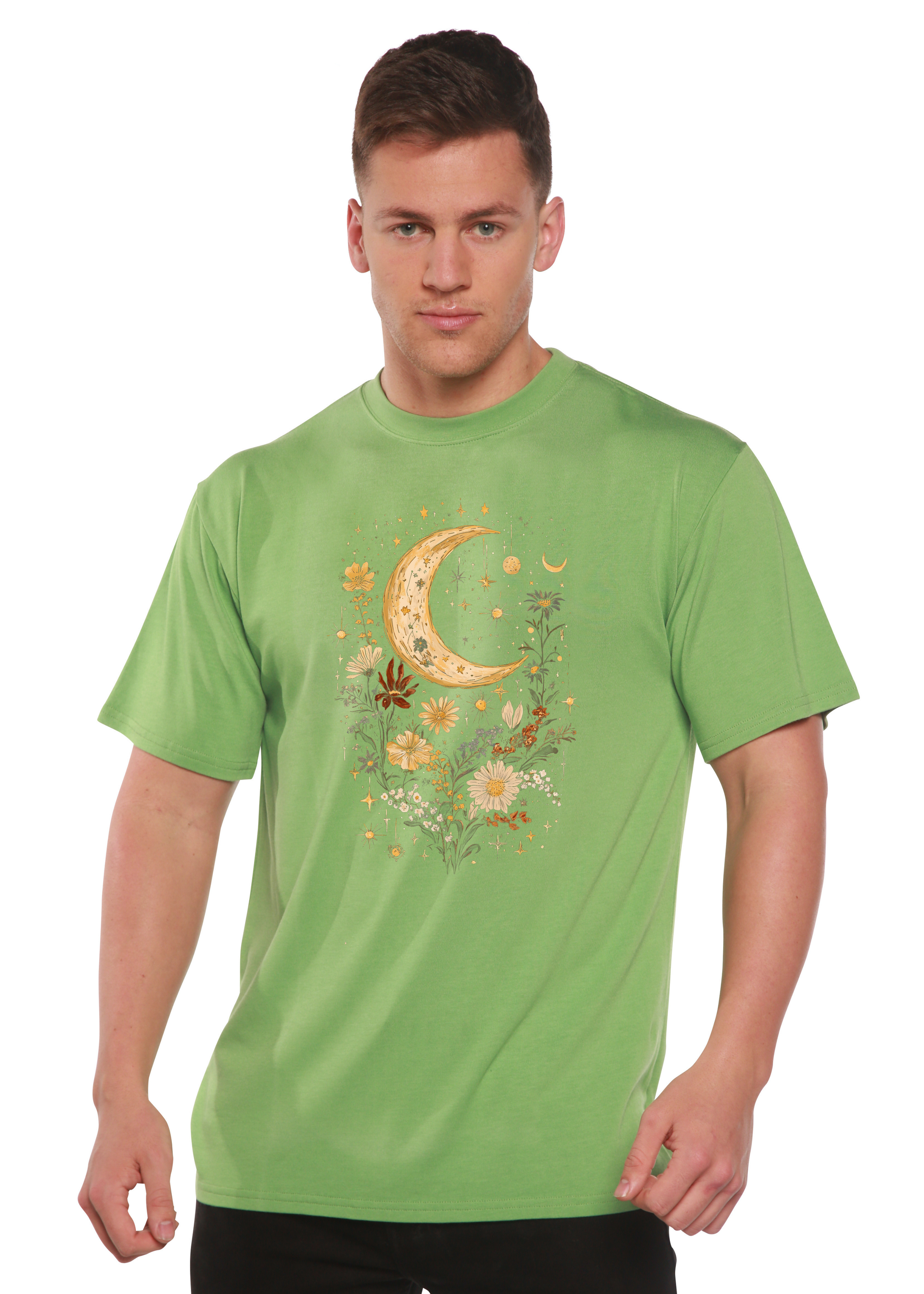 Green unisex T-shirt with crescent moon and floral boho graphic on front