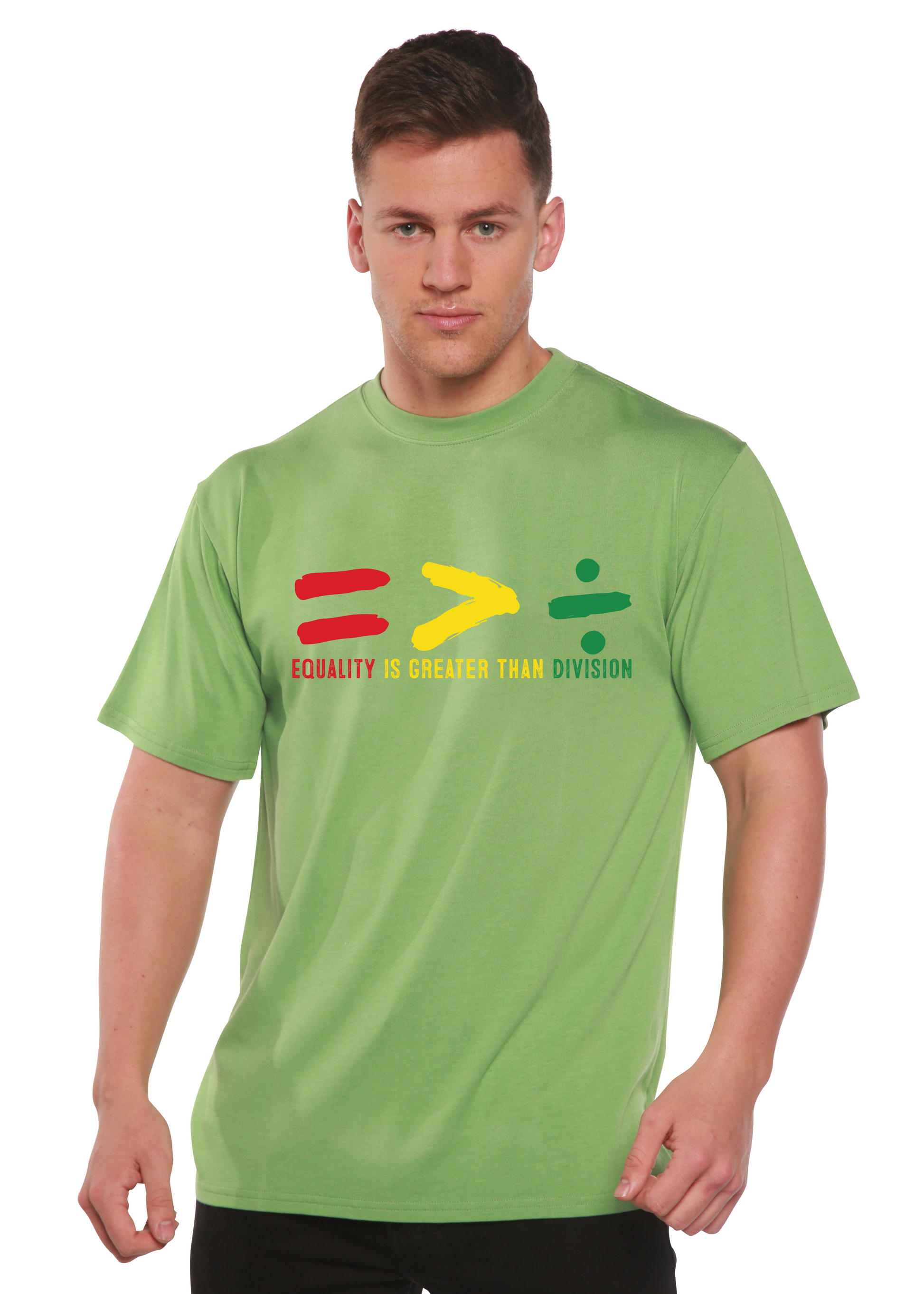Unisex graphic t-shirt, light green, colorful equality slogan hands print