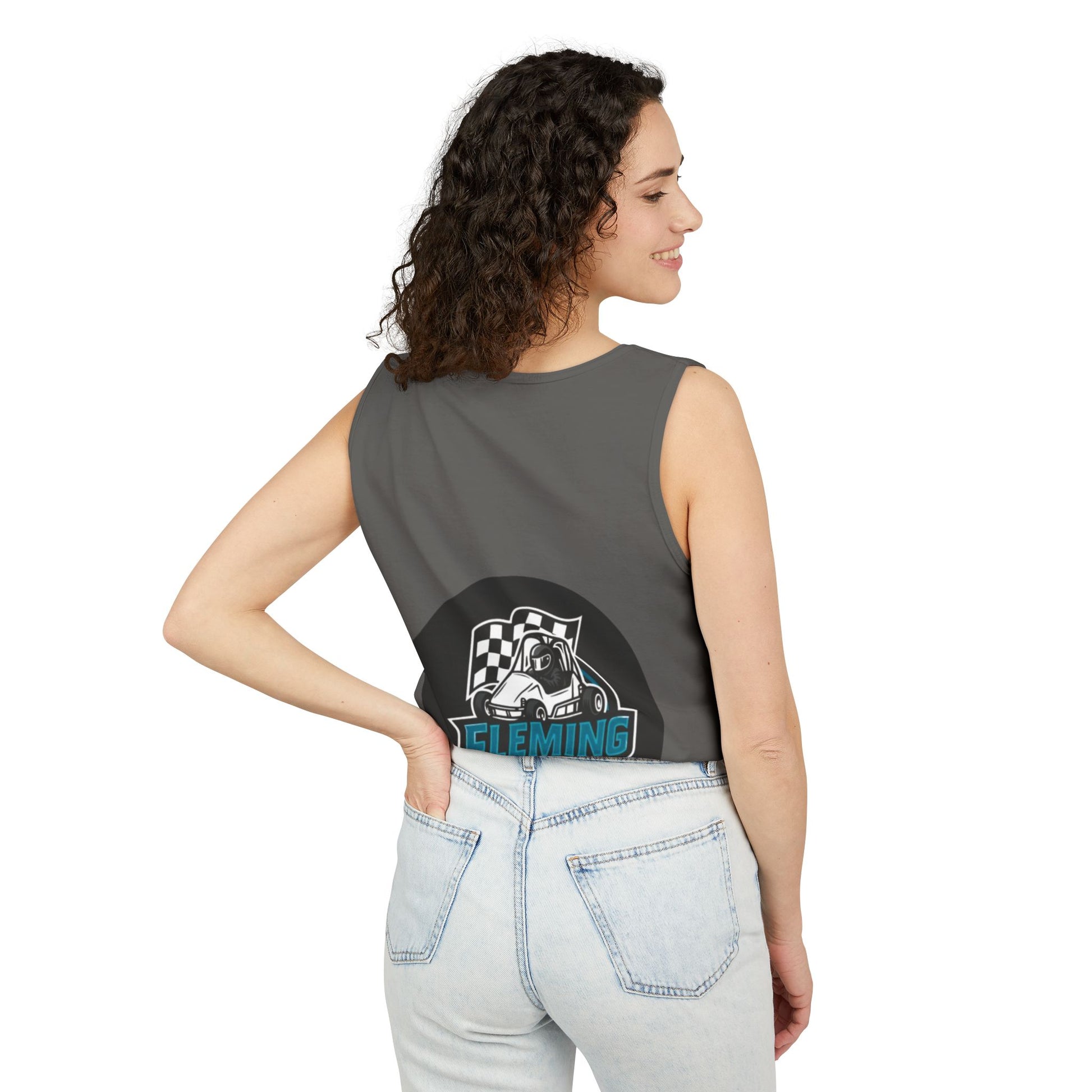 Fleming Racing tank top in dark gray with back race logo circle graphic