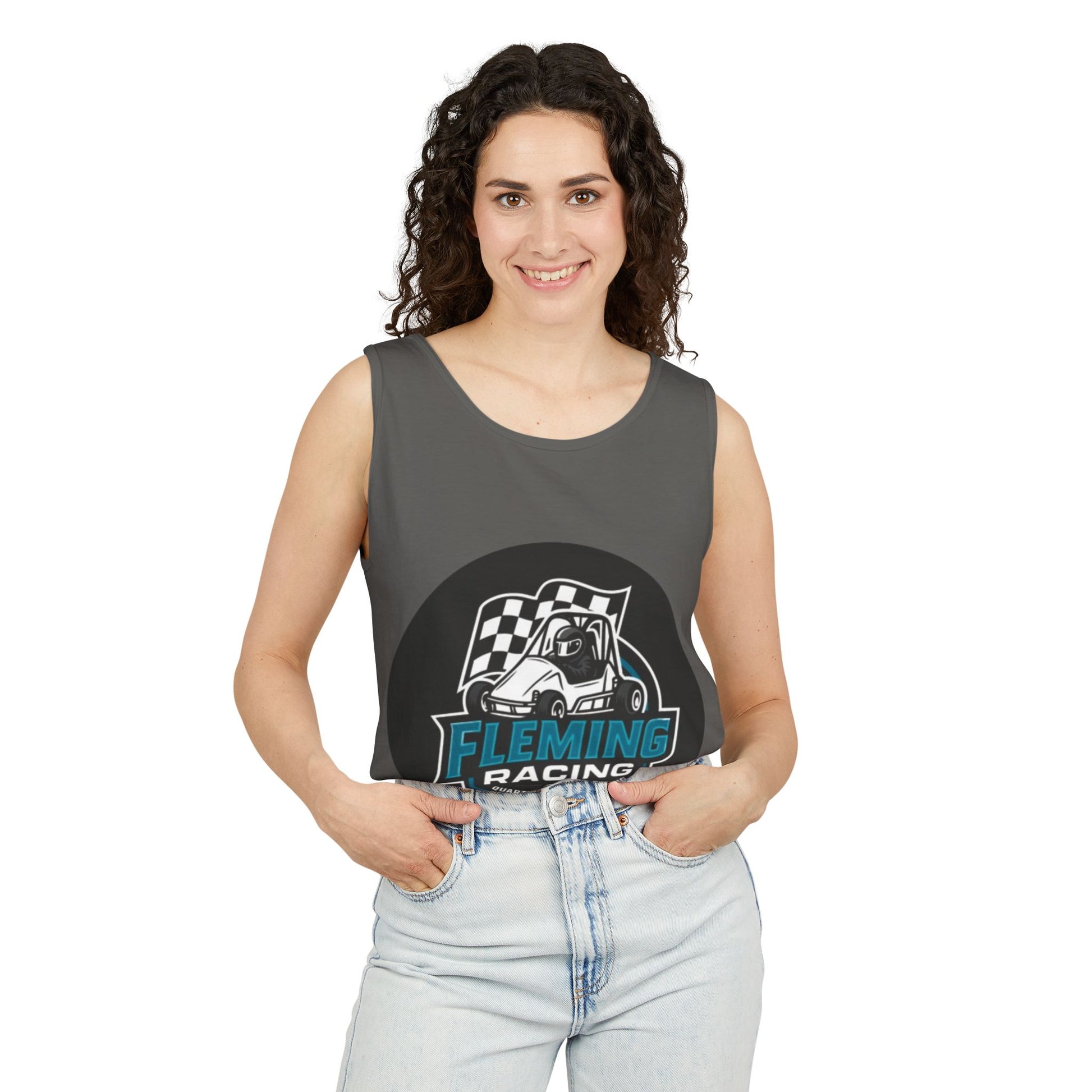 Fleming Racing tank top in dark gray with front race logo circle graphic