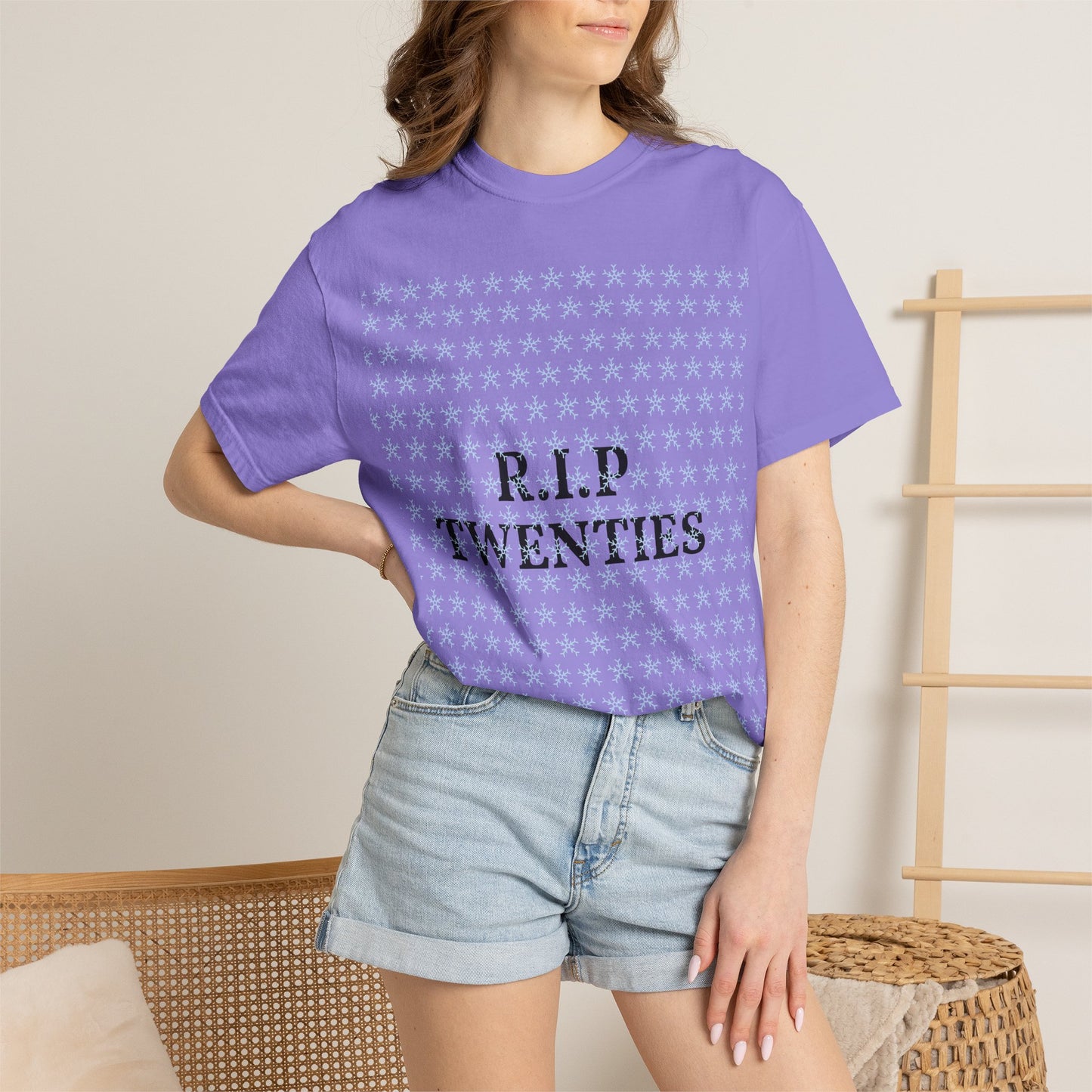 Unisex garment-dyed T-shirt in violet purple with snowflake pattern and R.I.P Twenties graphic