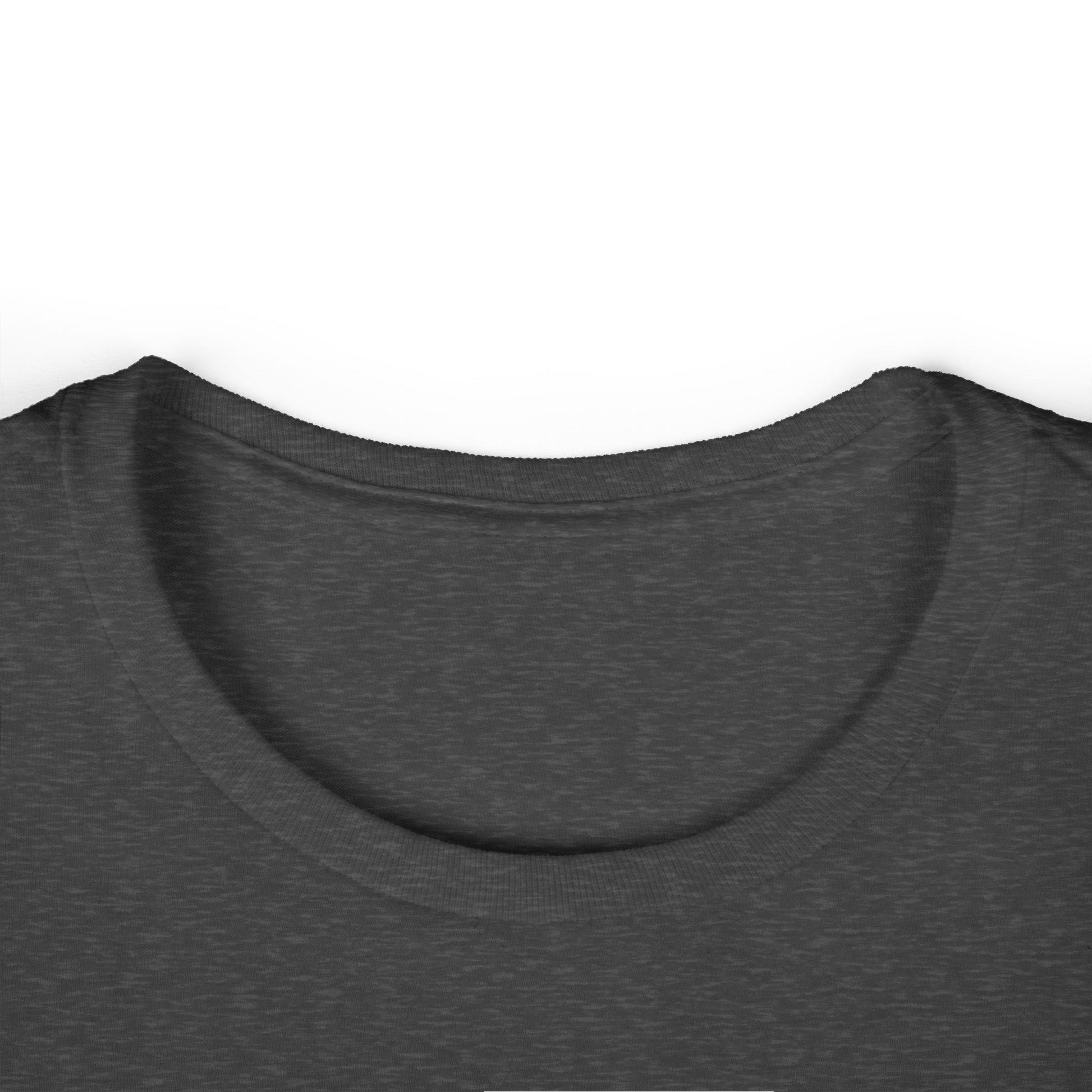 Unisex T-shirt in charcoal dark gray, crew neckline close-up