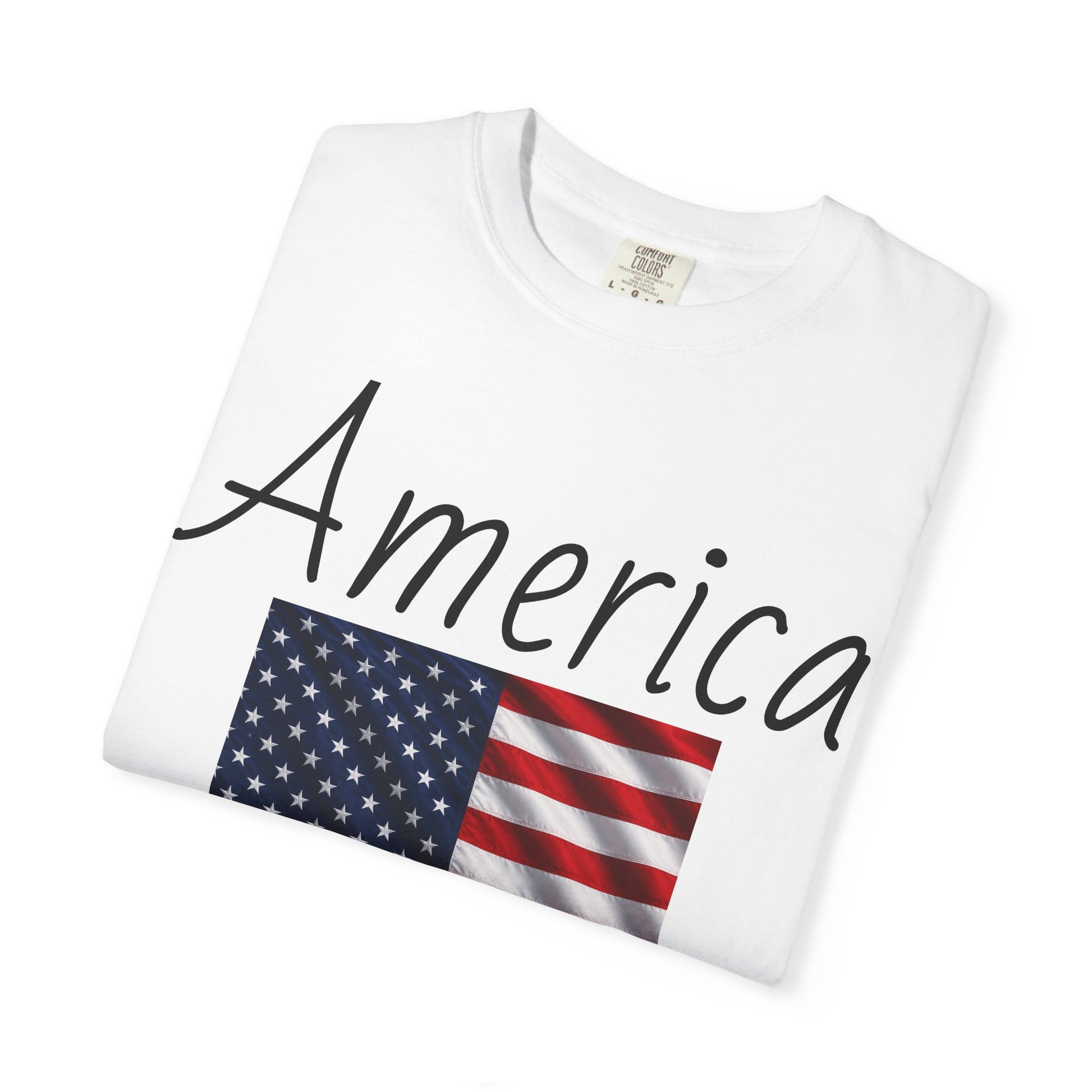 White unisex t-shirt with “America” script and U.S. flag graphic