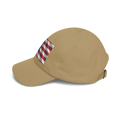 Light tan dad cap with small distressed American flag patch on the side