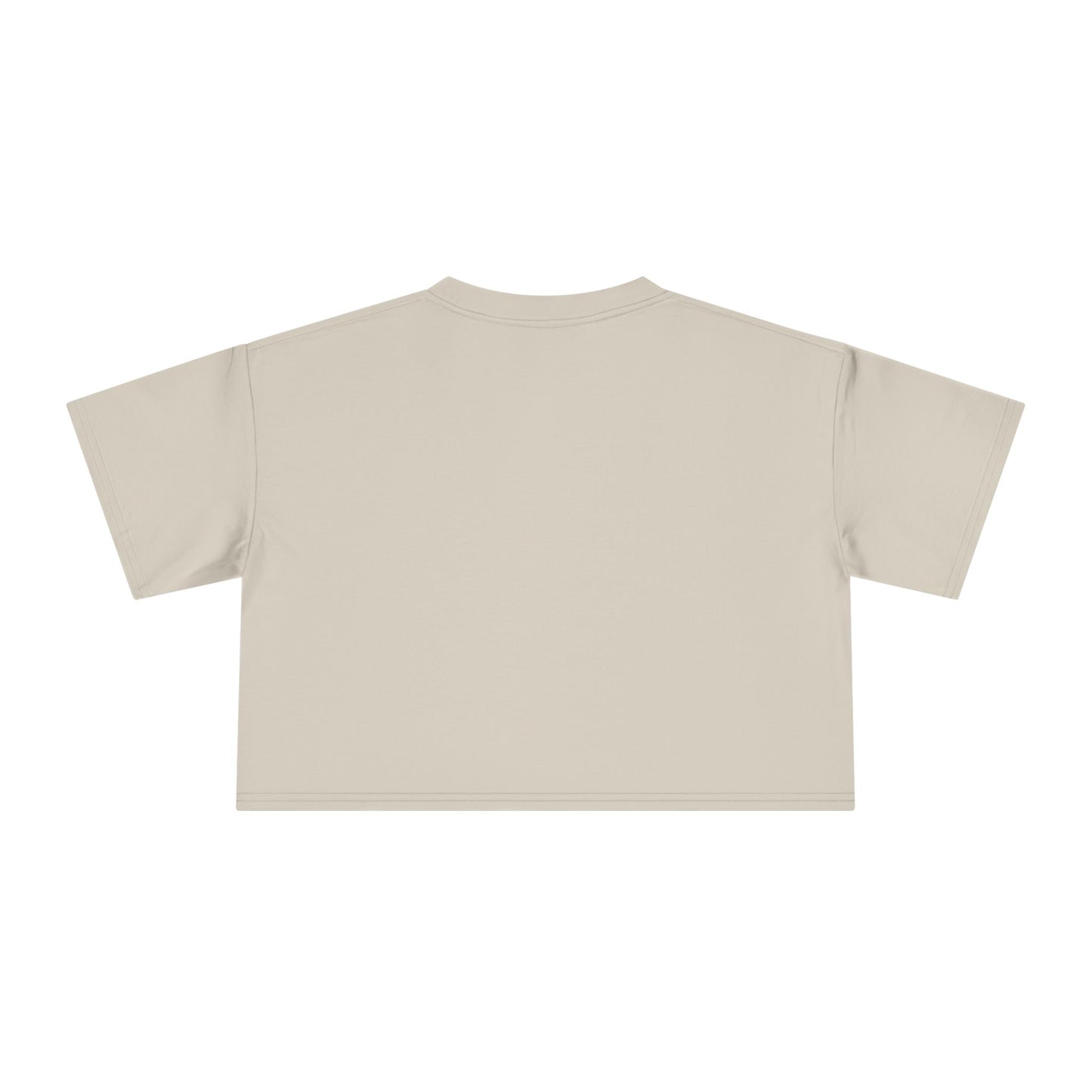 Light beige crop graphic tee with crew neck and short sleeves, plain back