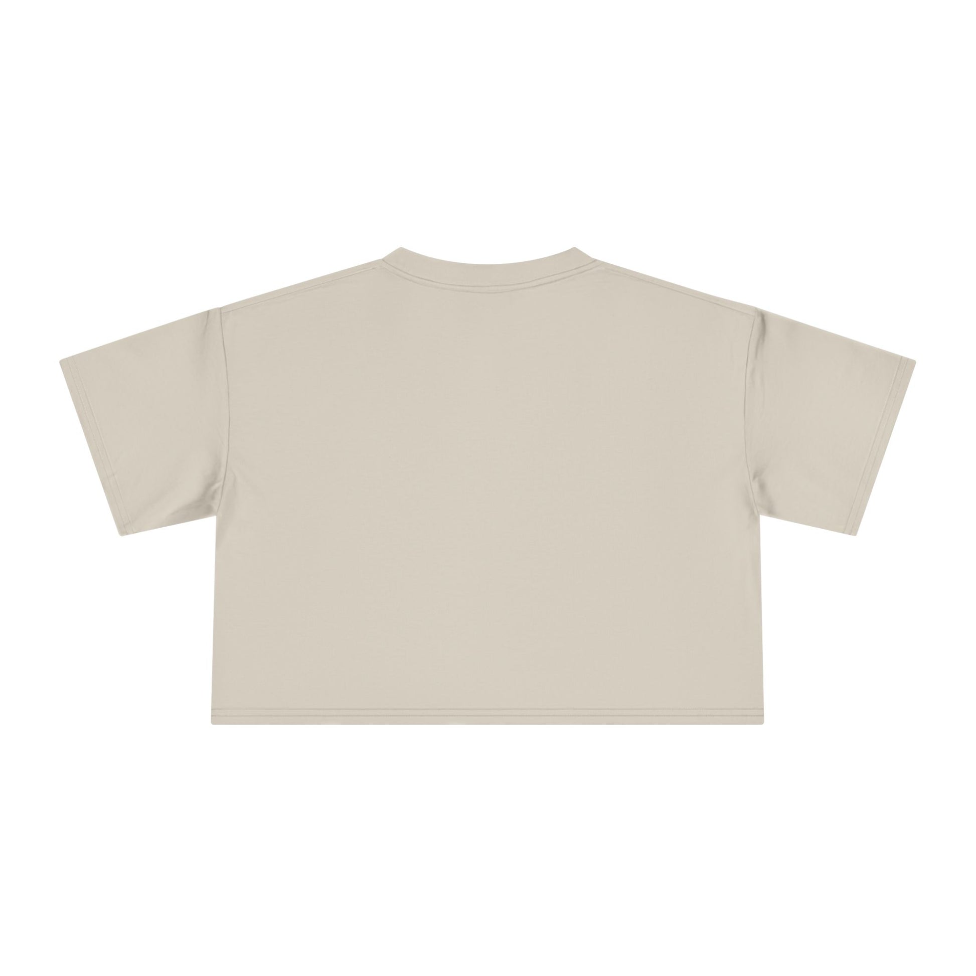 Light beige crop graphic tee with crew neck and short sleeves, plain back