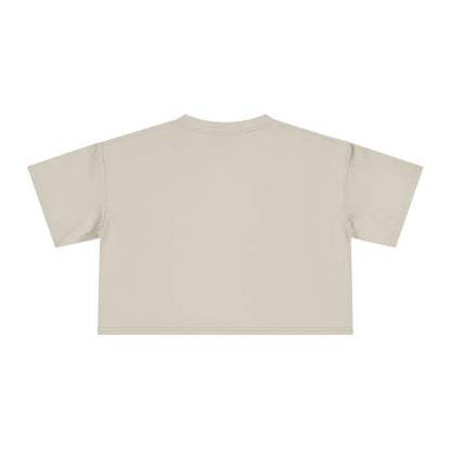 Light beige crop graphic tee with crew neck and short sleeves, plain back