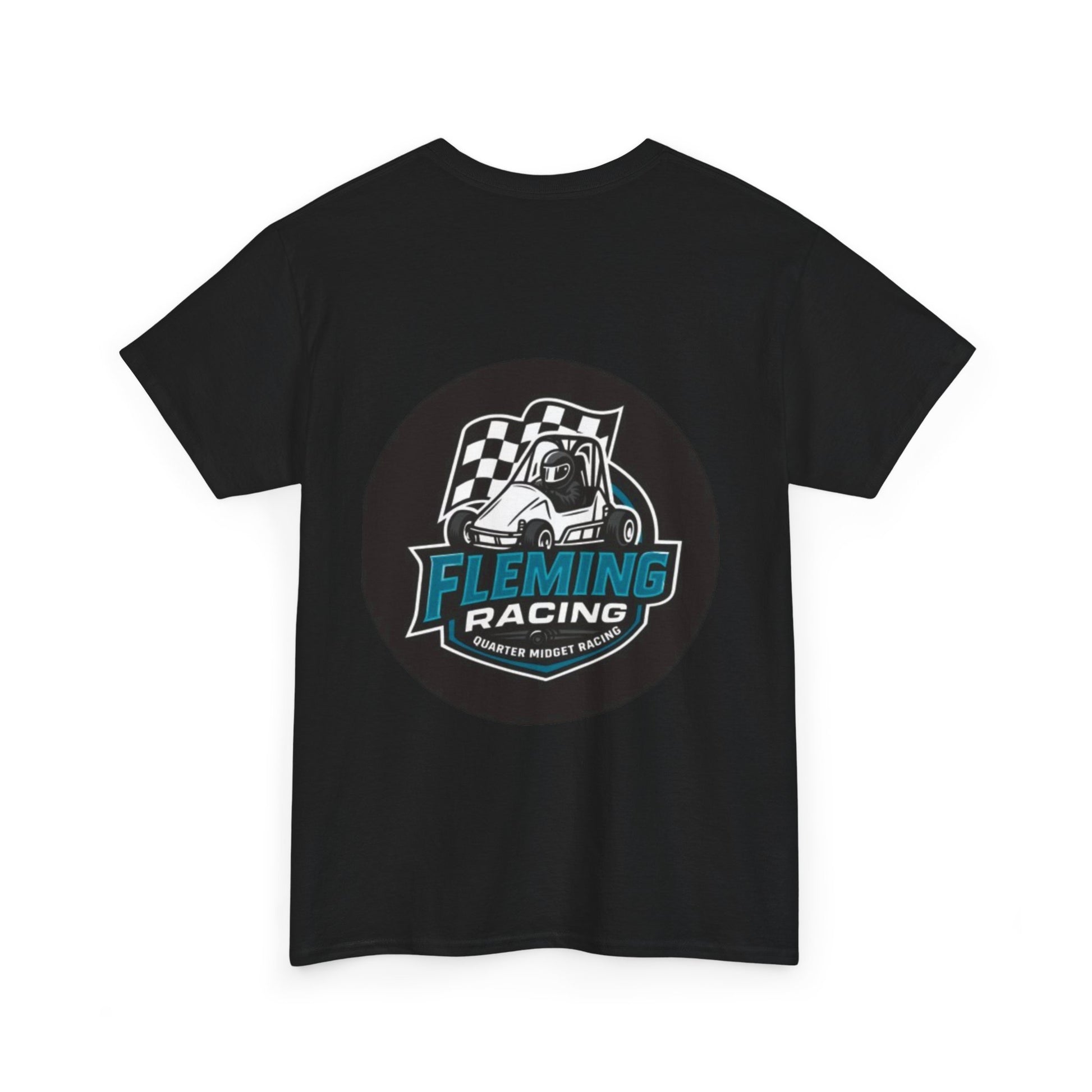 Black crewneck T-shirt with large circular Fleming Racing checkered car logo