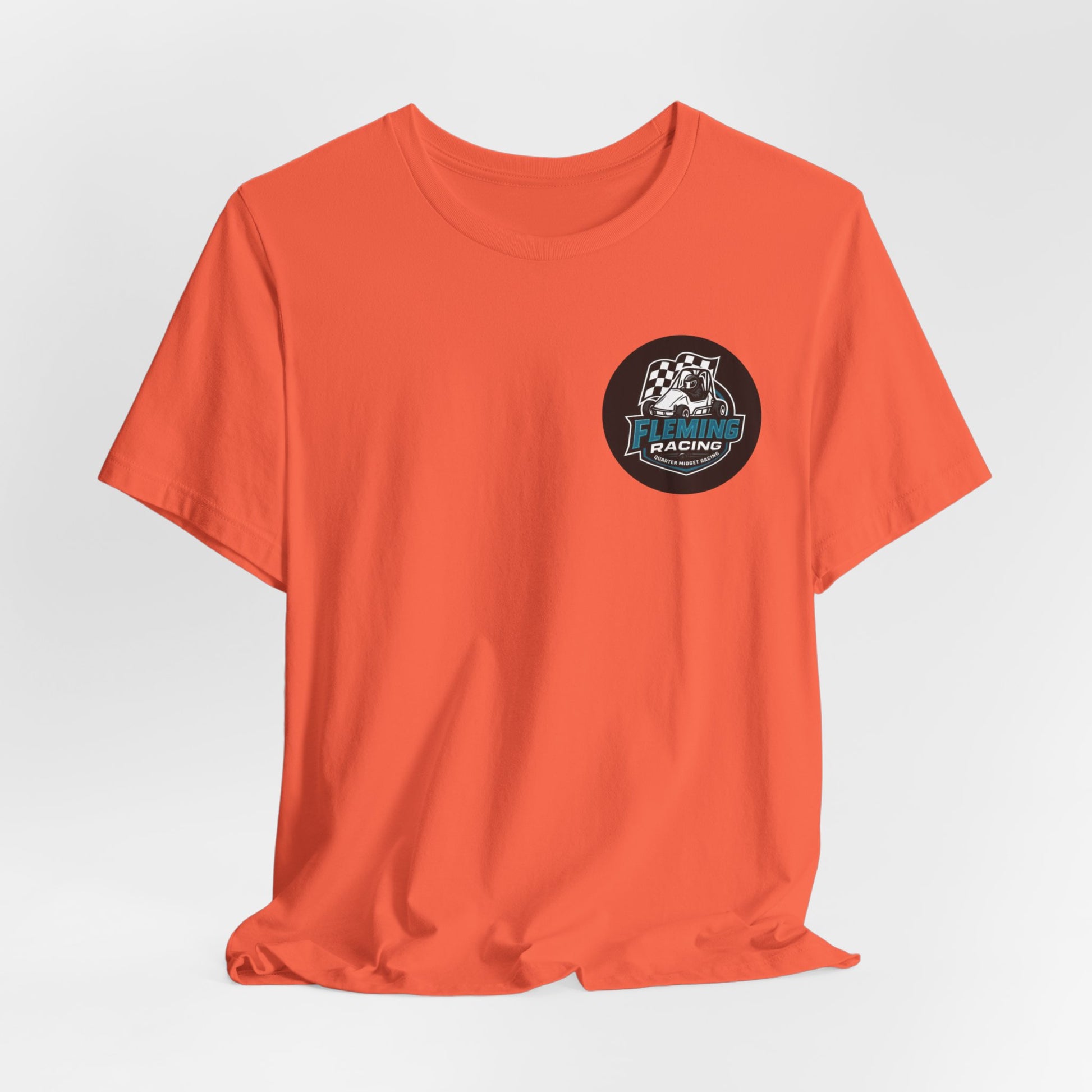 Coral orange racing logo T-shirt with small Fleming Racing circle emblem