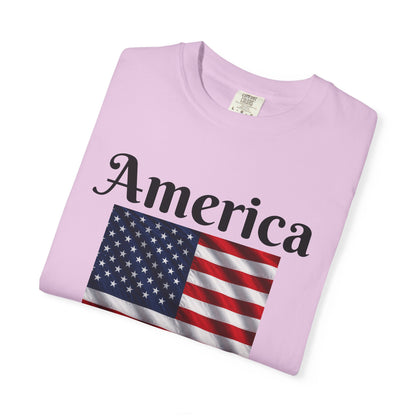 Pink T-shirt with America script over red, white, and blue flag panel