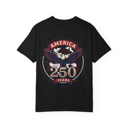 Unisex T-shirt, black, America 250 years eagle badge logo graphic on front