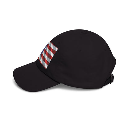 Black dad cap with distressed American flag patch on side panel, curved brim