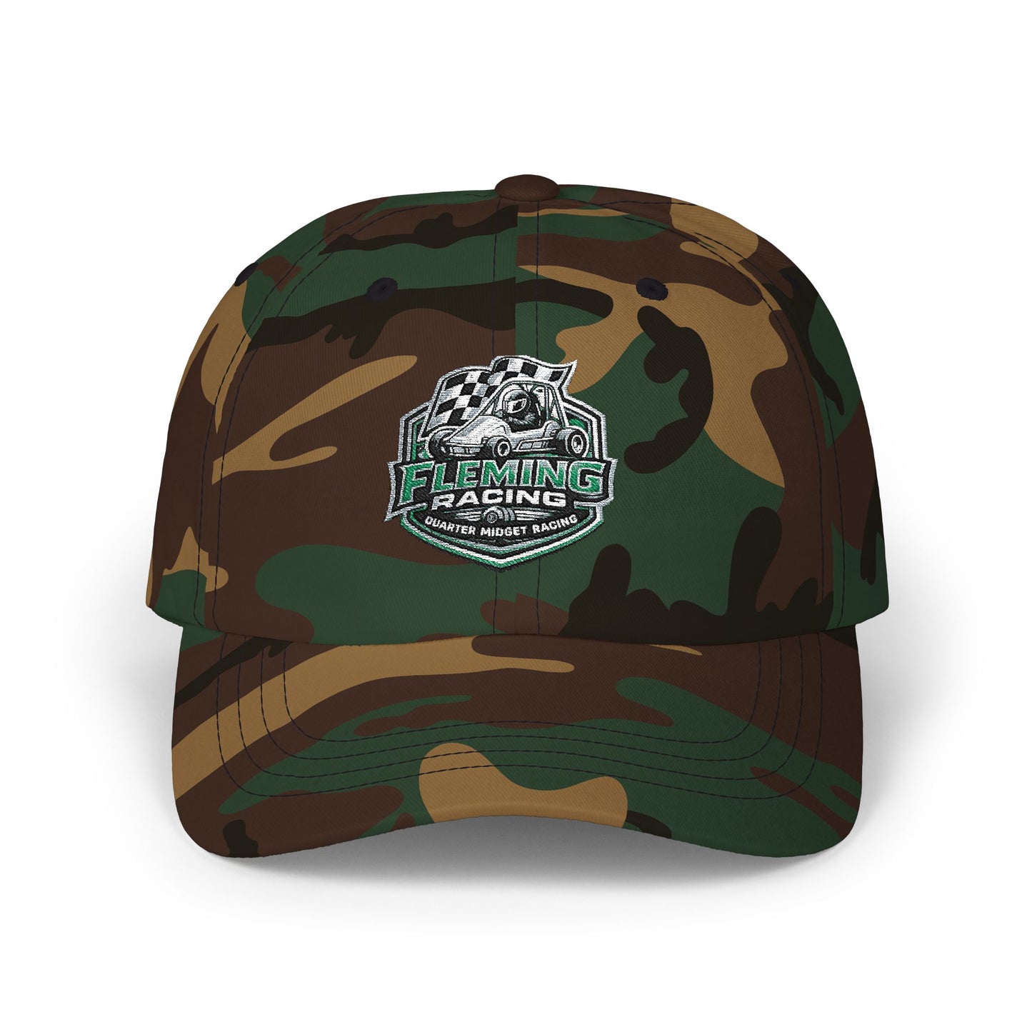 Camouflage soccer crest dad cap with Fleming Racing logo on front