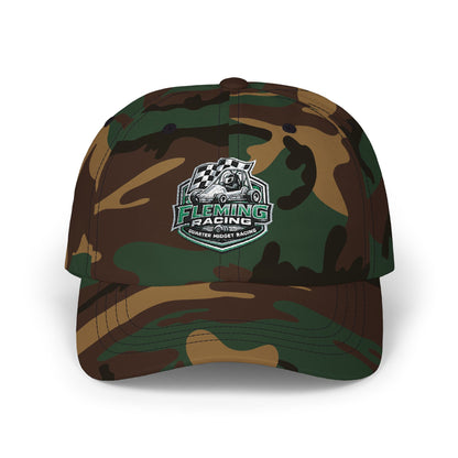 Camouflage soccer crest dad cap with Fleming Racing logo on front