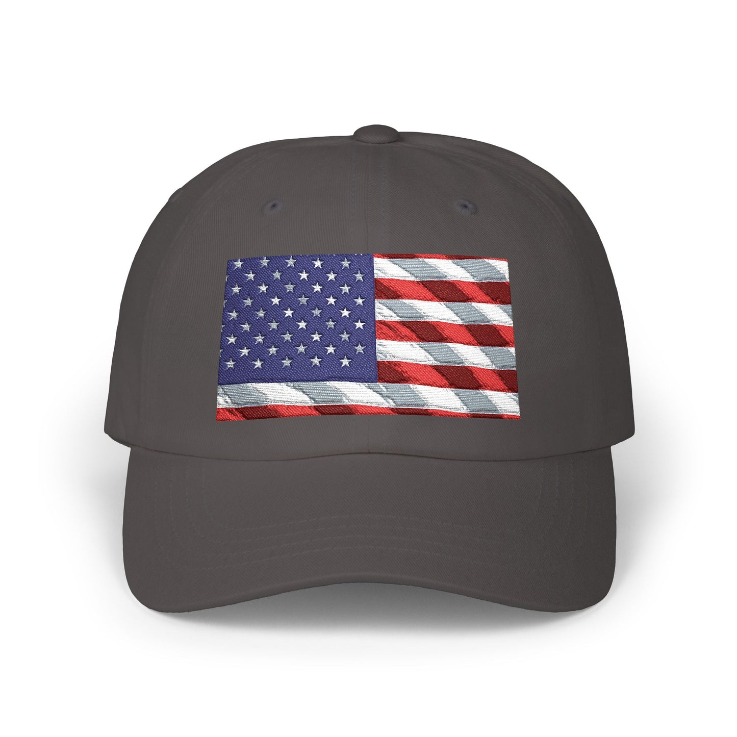Dark gray dad cap with distressed American flag patch embroidery on front