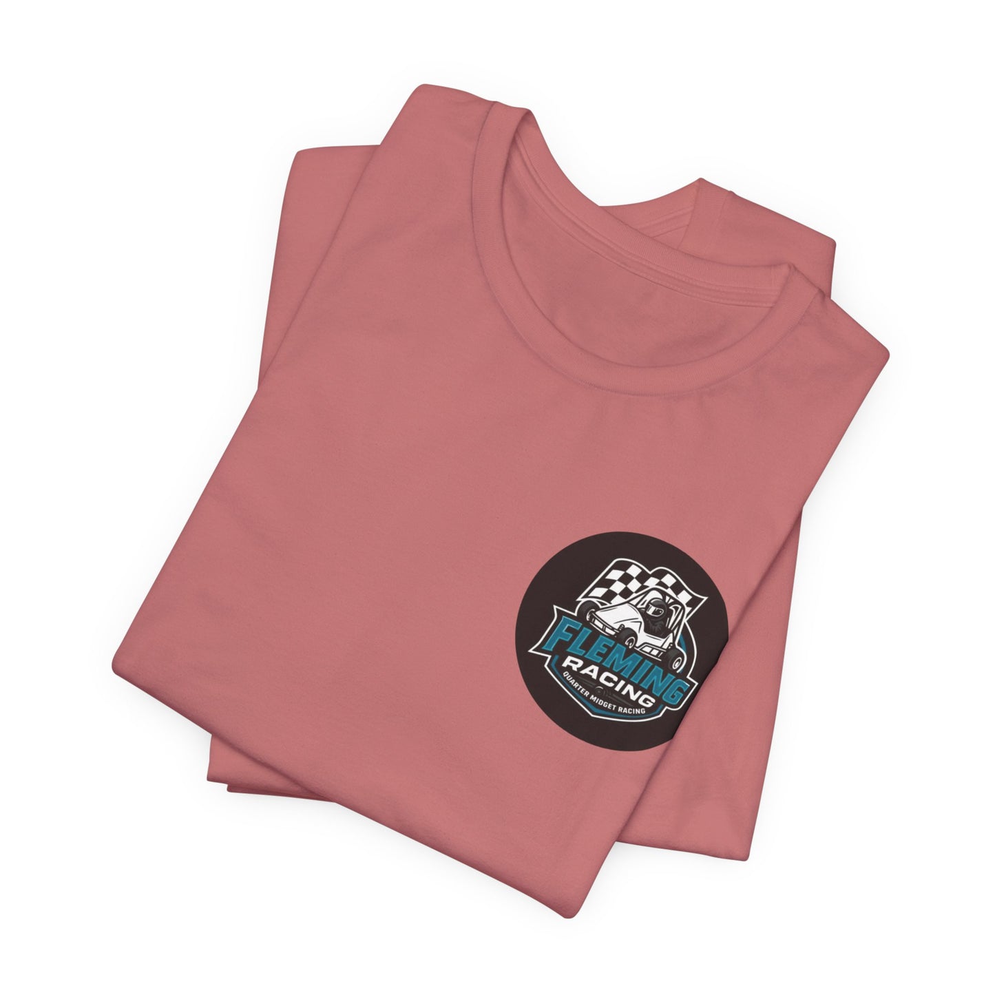 Coral/pink crewneck T-shirt with circular Fleming Racing emblem on the chest.