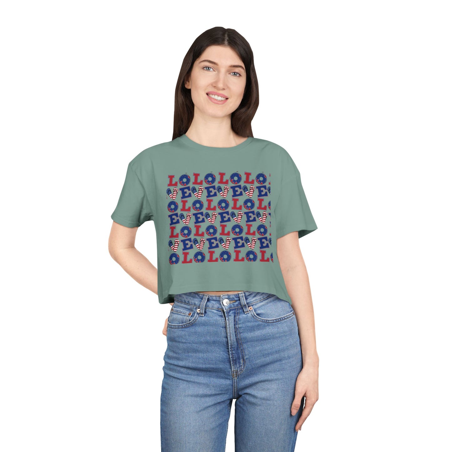 Crop top graphic tee, sage green with multicolor LOL print front