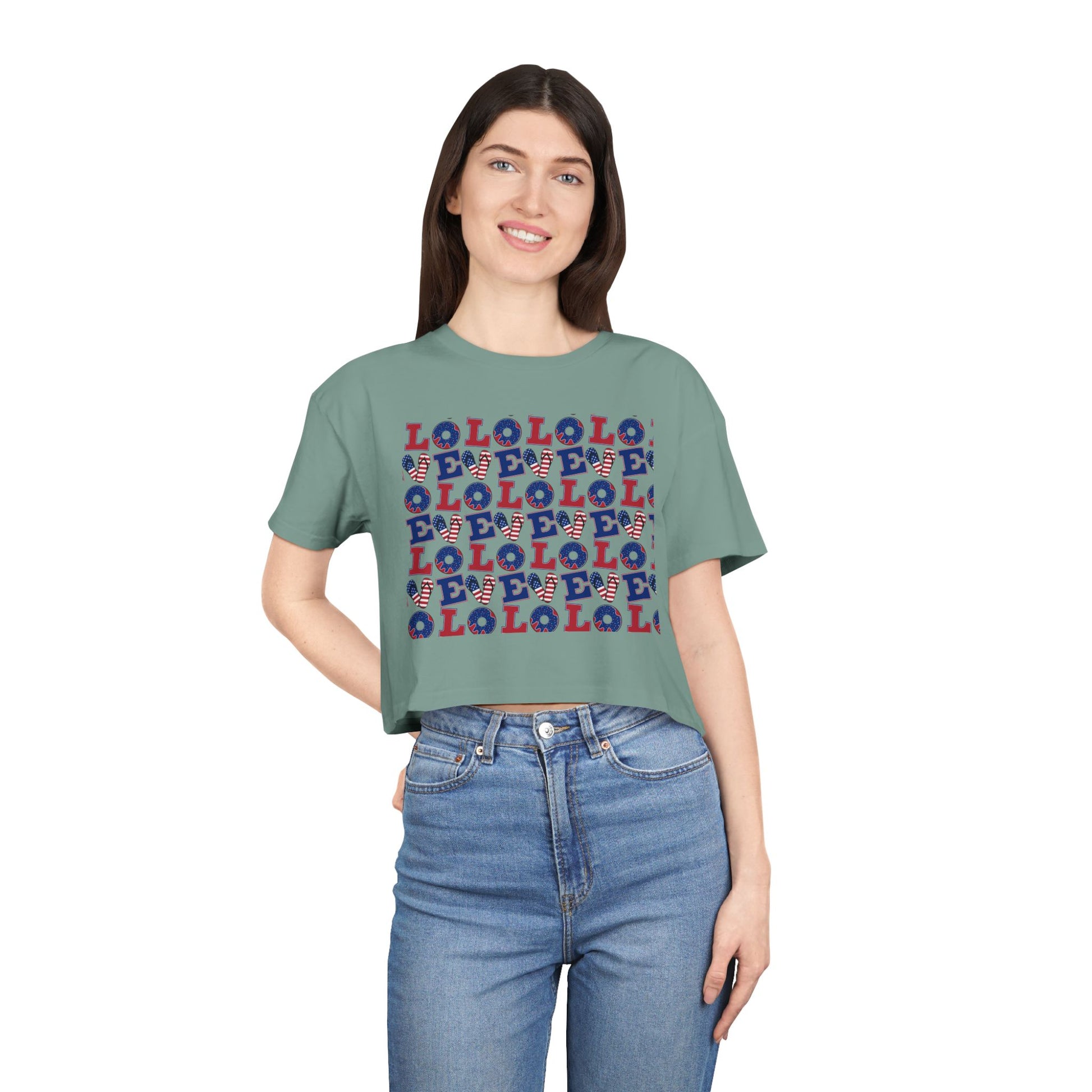 Crop top graphic tee, sage green with multicolor LOL print front