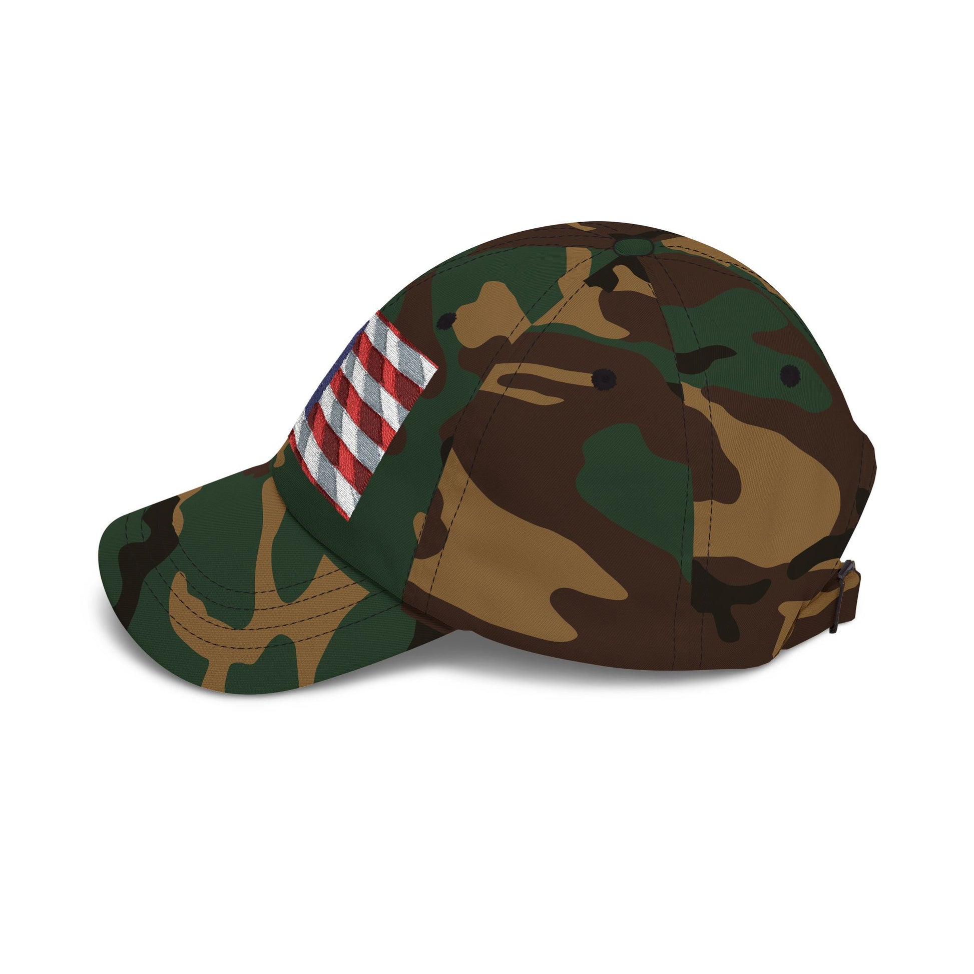Camo baseball cap with embroidered American flag patch on side