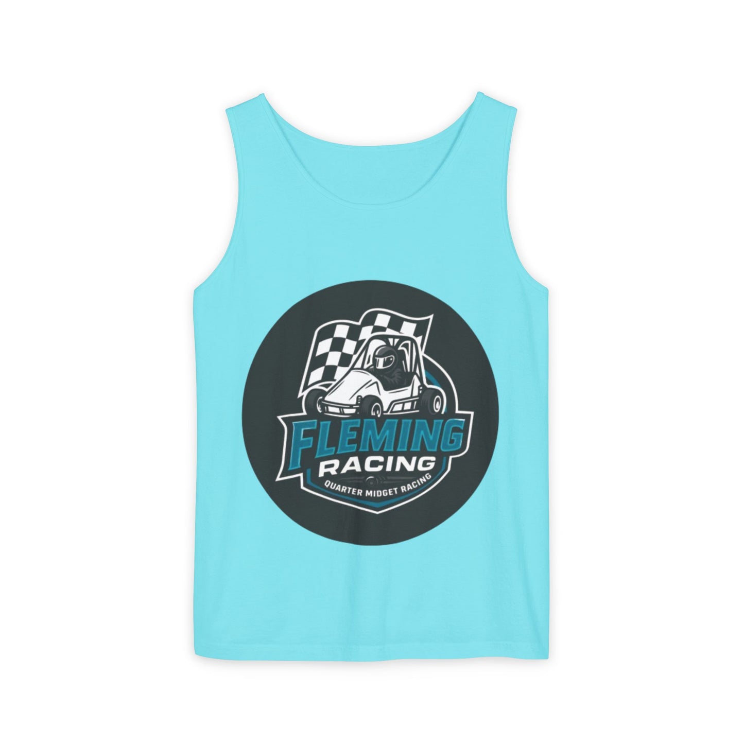 Light blue racing tank top with circular Fleming Racing graphic on front
