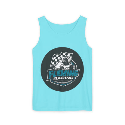 Light blue racing tank top with circular Fleming Racing graphic on front