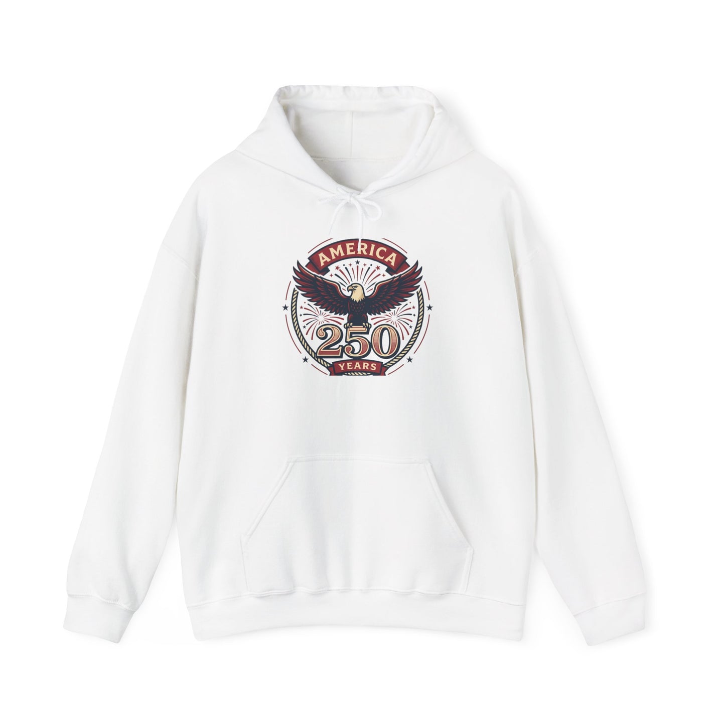 White pullover hoodie with eagle and “250 Years” graphic on chest