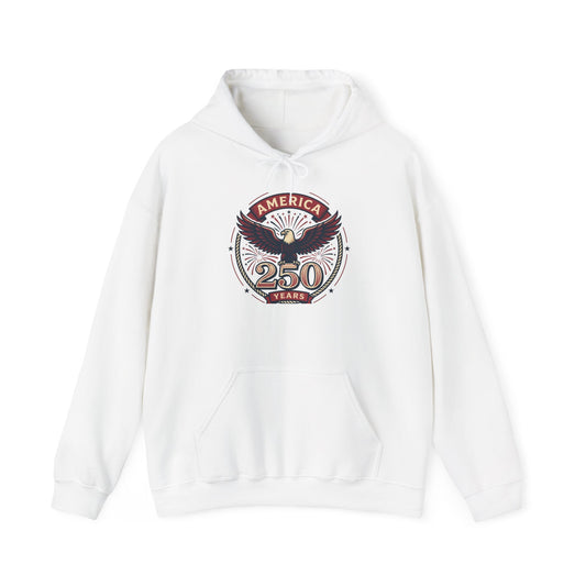 White pullover hoodie with eagle and “250 Years” graphic on chest