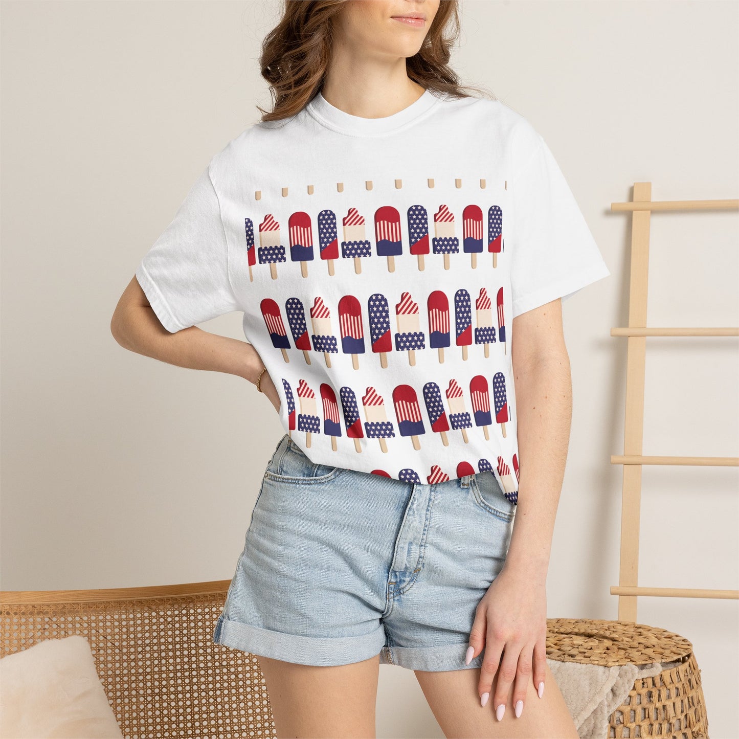 White popsicle T-shirt with red, white, and blue flag popsicle graphic