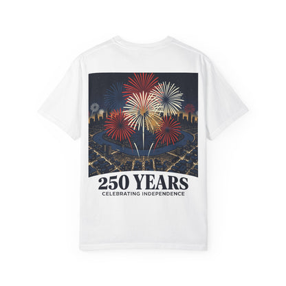 White T-shirt with large fireworks scene and text "250 YEARS" and "Celebrating Independence".