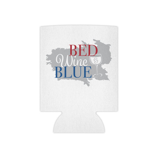 White wine can cooler with gray map and "BED Wine & BLUE" print in red/blue