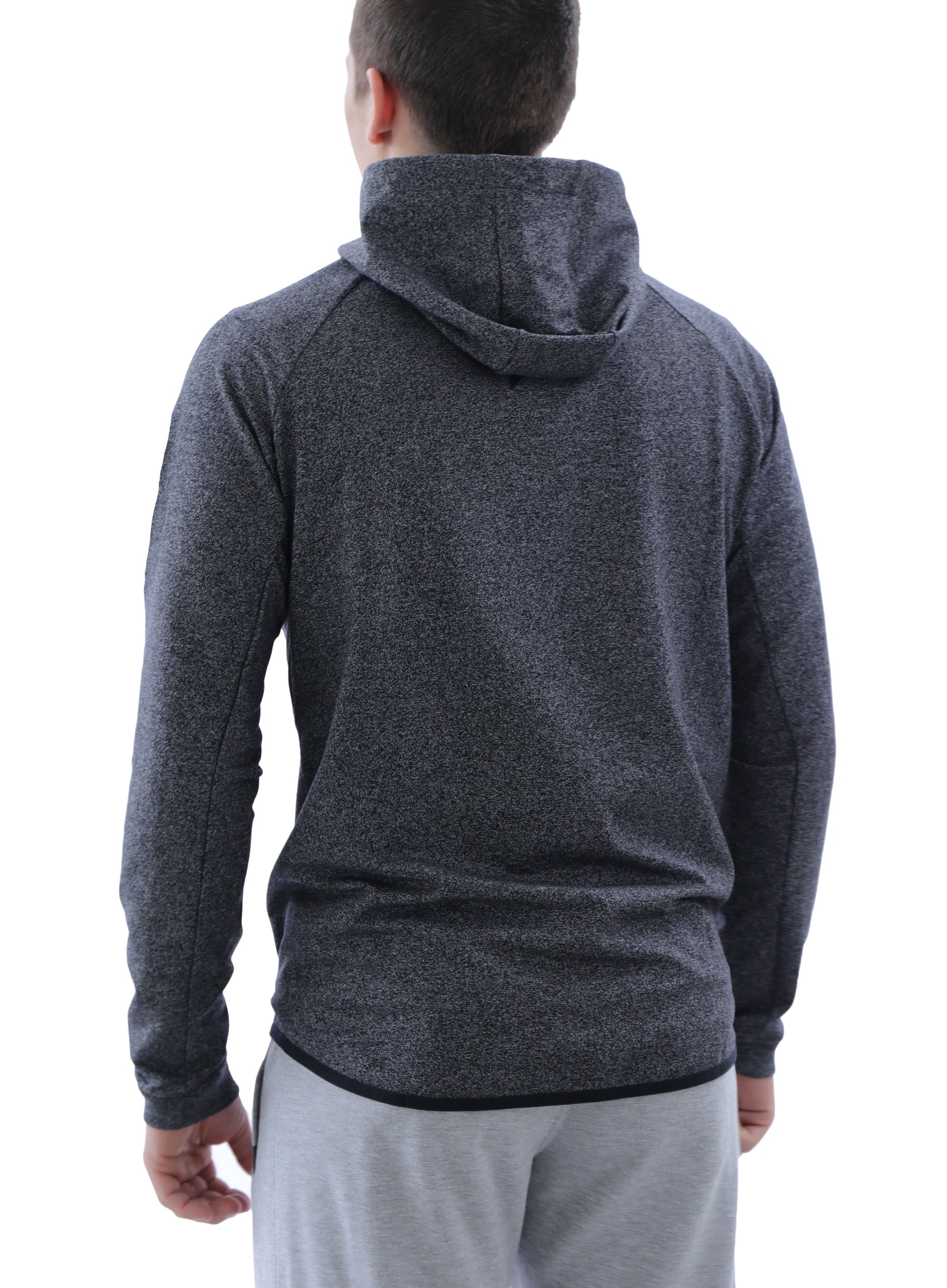Heather grey slim-fit hooded zip sweatshirt, back view with drawstrings.