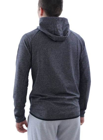 Heather grey slim-fit hooded zip sweatshirt, back view with drawstrings.