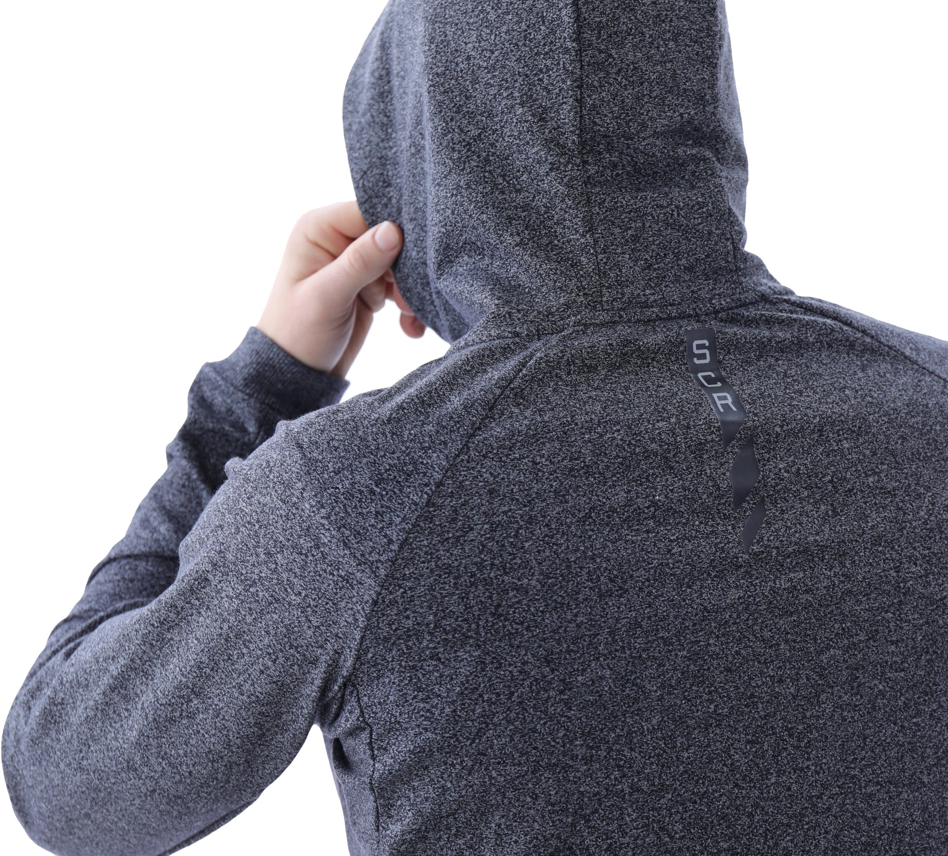 Heather grey hooded zip sweatshirt detail with drawstrings and shoulder seam.