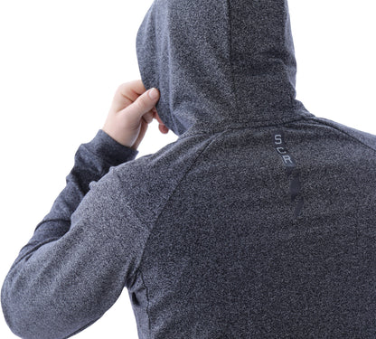 Heather grey hooded zip sweatshirt detail with drawstrings and shoulder seam.