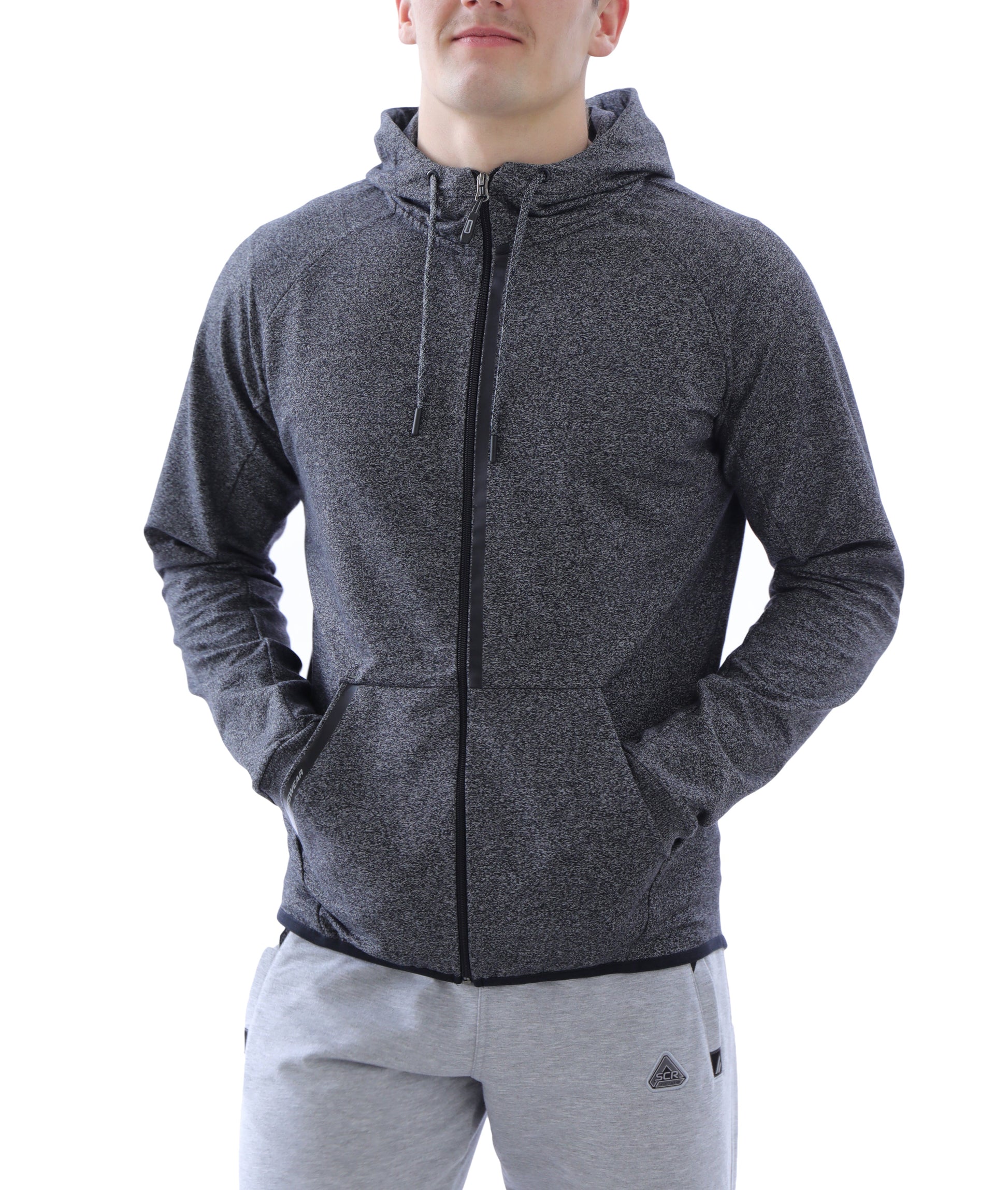 Heather grey slim-fit zip-up hooded sweatshirt with drawstring, front pockets.