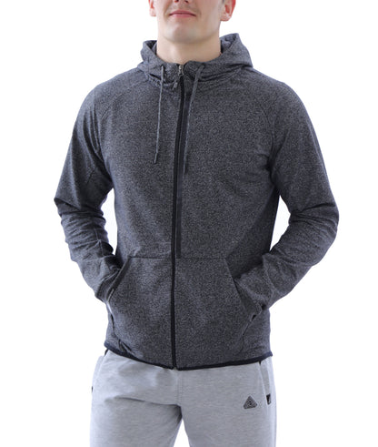 Heather grey slim-fit zip-up hooded sweatshirt with drawstring, front pockets.