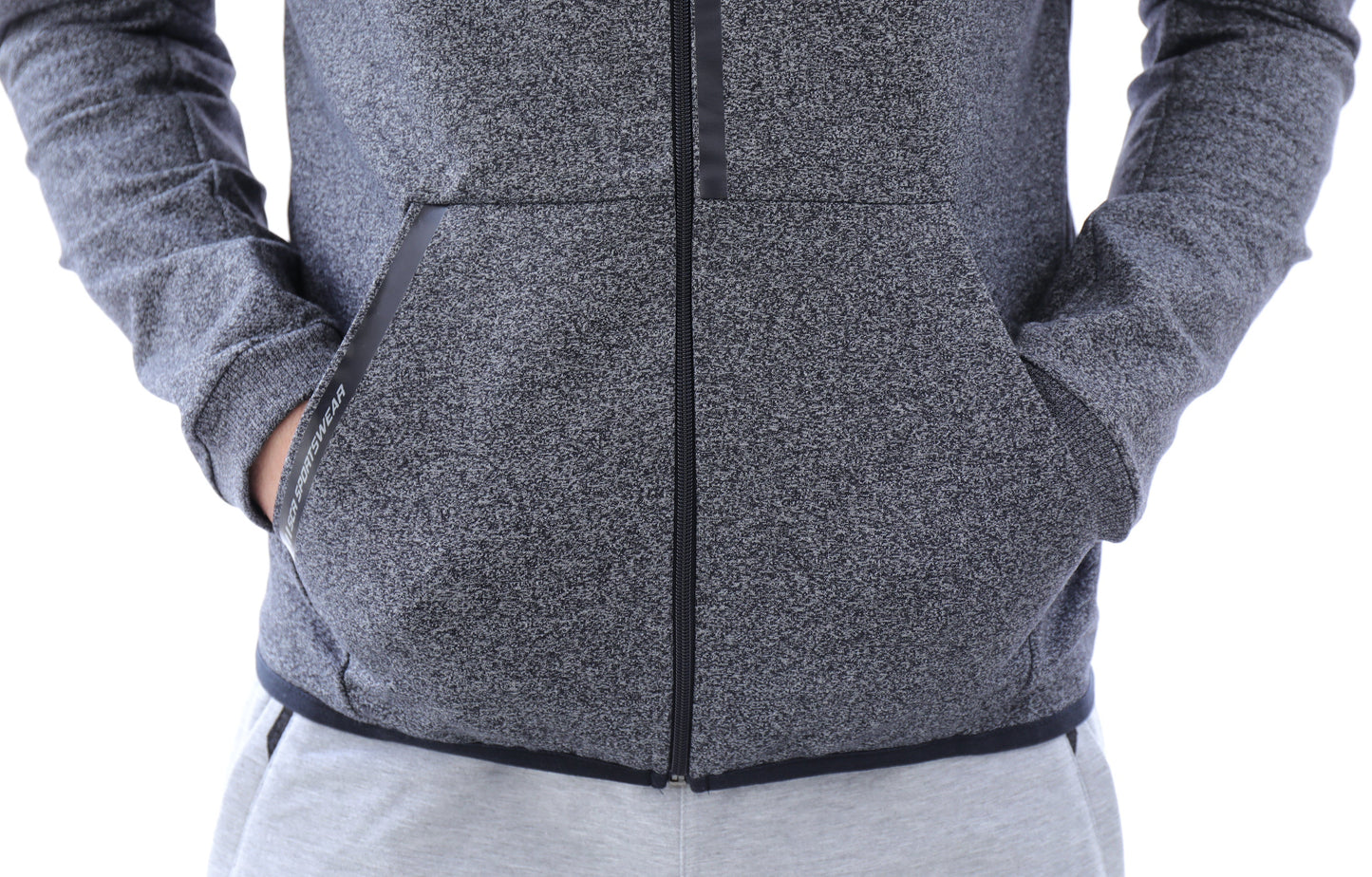 Heather grey slim-fit zip hooded sweatshirt with kangaroo pocket and cuffs.