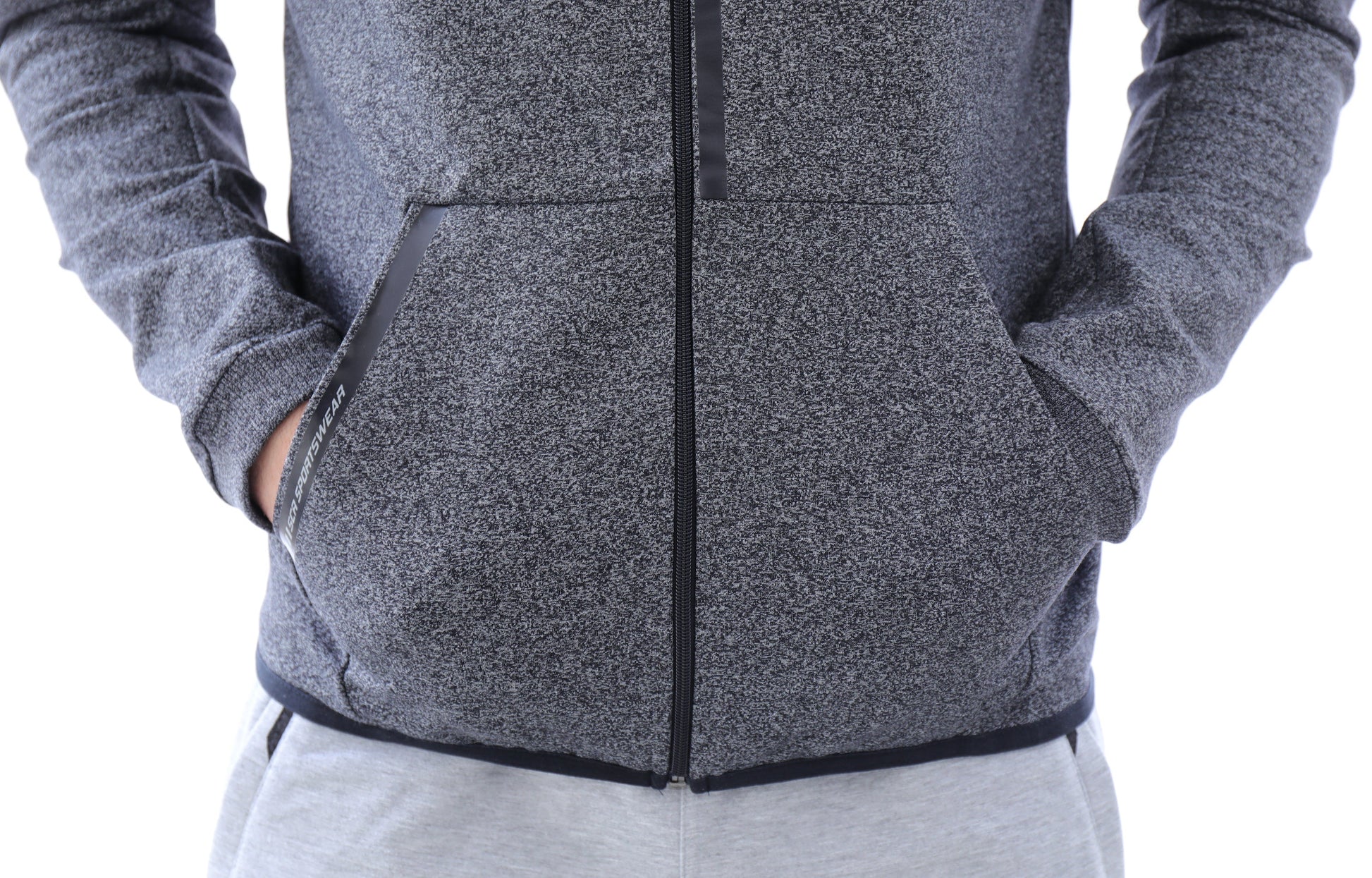 Heather grey slim-fit zip hooded sweatshirt with kangaroo pocket and cuffs.