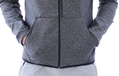 Heather grey slim-fit zip hooded sweatshirt with kangaroo pocket and cuffs.
