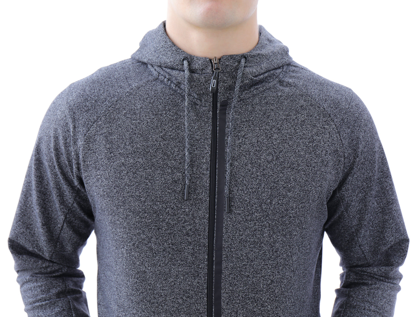 Heather grey slim-fit zip hooded sweatshirt, front view with drawstring cords.