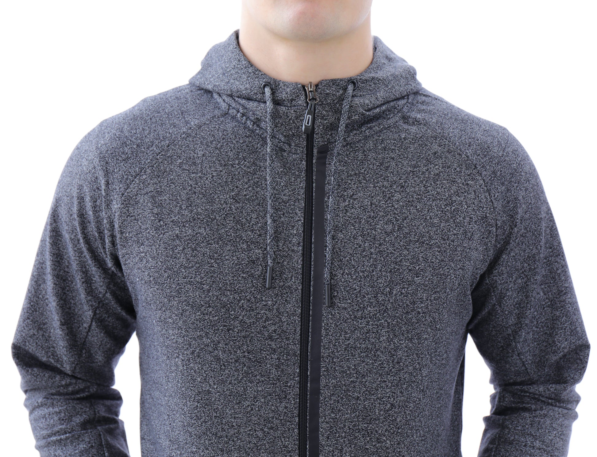 Heather grey slim-fit zip hooded sweatshirt, front view with drawstring cords.