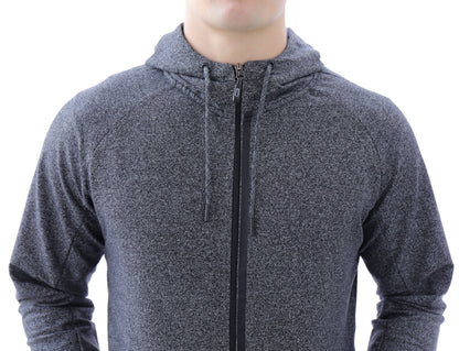 Heather grey slim-fit zip hooded sweatshirt, front view with drawstring cords.