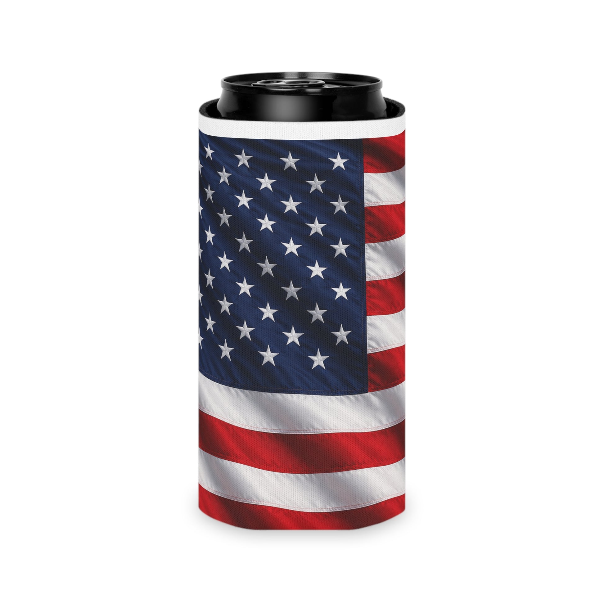 American flag can cooler sleeve on black can with navy stars and red-white stripes