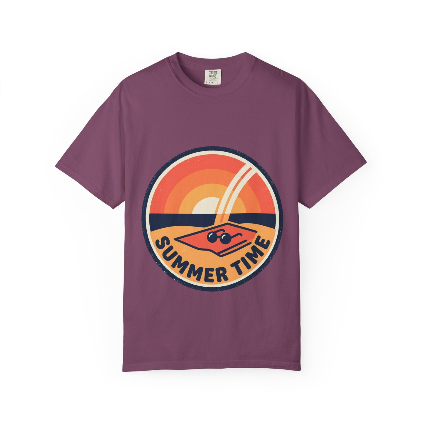 Plum crewneck T-shirt with circular retro “Summer Time” sunset graphic on front