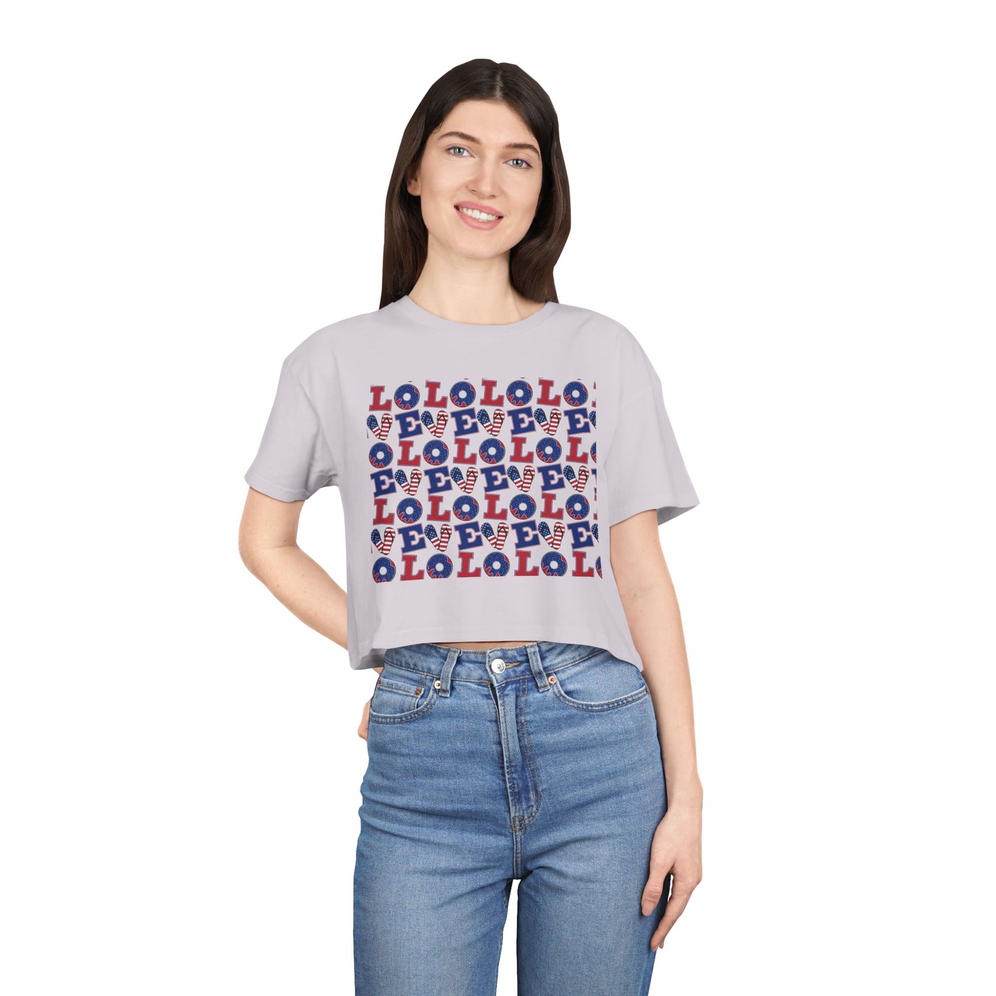 Crop top graphic tee, light lavender with multicolor LOL print front