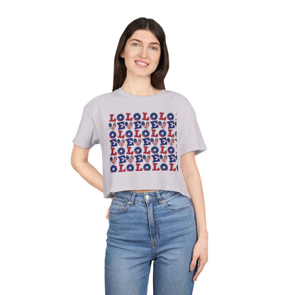 Crop top graphic tee, light lavender with multicolor LOL print front